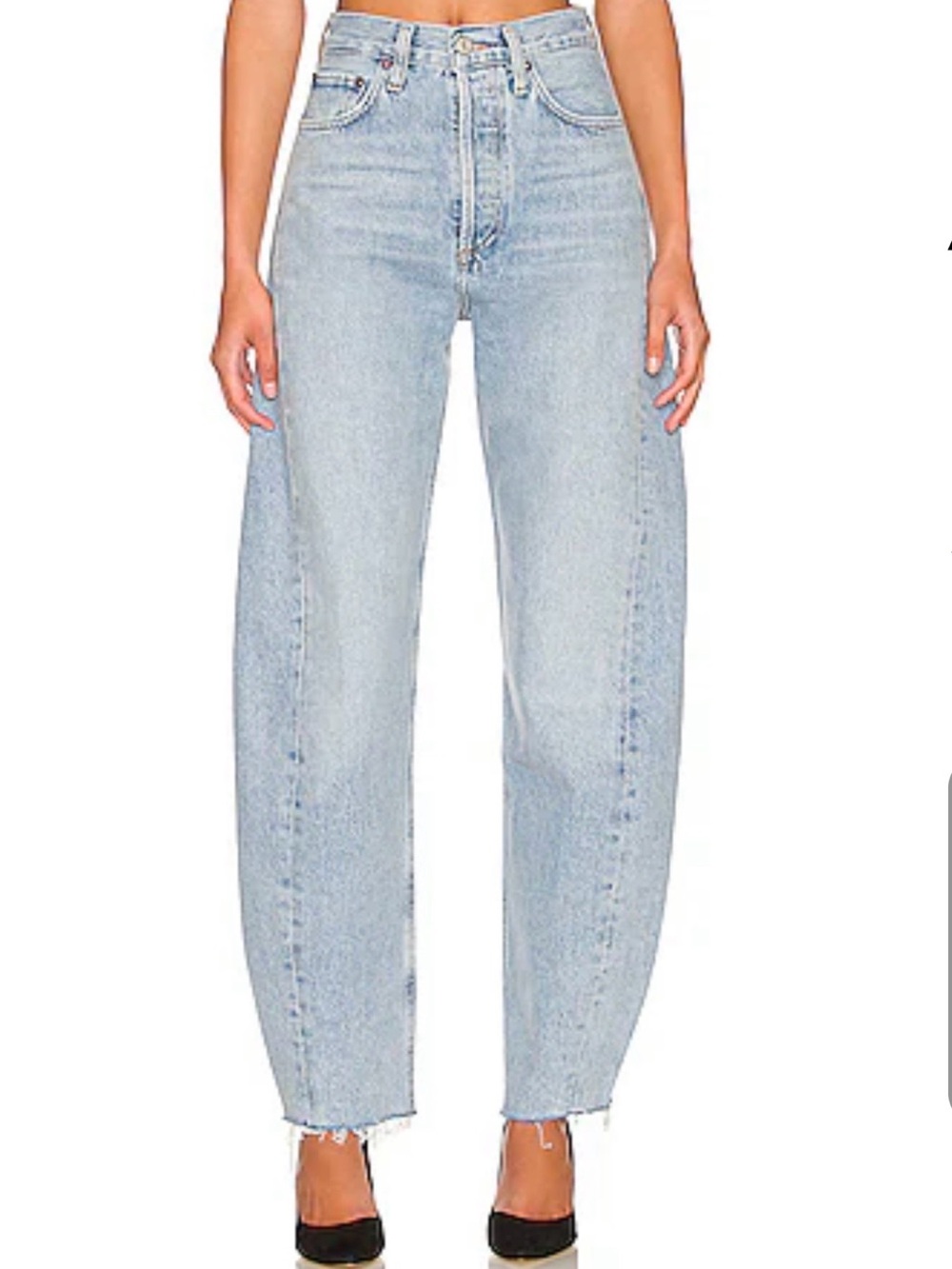 AGOLDE Luna High Rise Pieced Taper Jeans 23 Blue Button Fly Raw Hem Barrel Leg